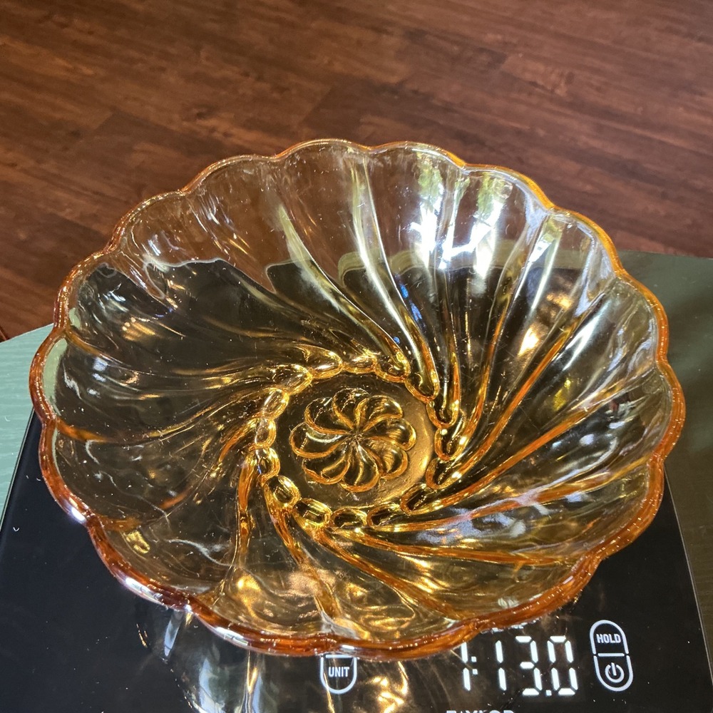 Vintage Hazel Atlas Amber Glass Swirl 9" Bowl Scalloped Edge